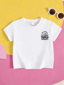 Disney Girls Zootopia Printed T-Shirt, Cute Cartoon Pattern Short-Sleeved Crew Neck T-Shirt, Soft And Breathable Casual Top For Girls, Perfect For Daily Wear And Summer Outings - 白色 - 查看 2
