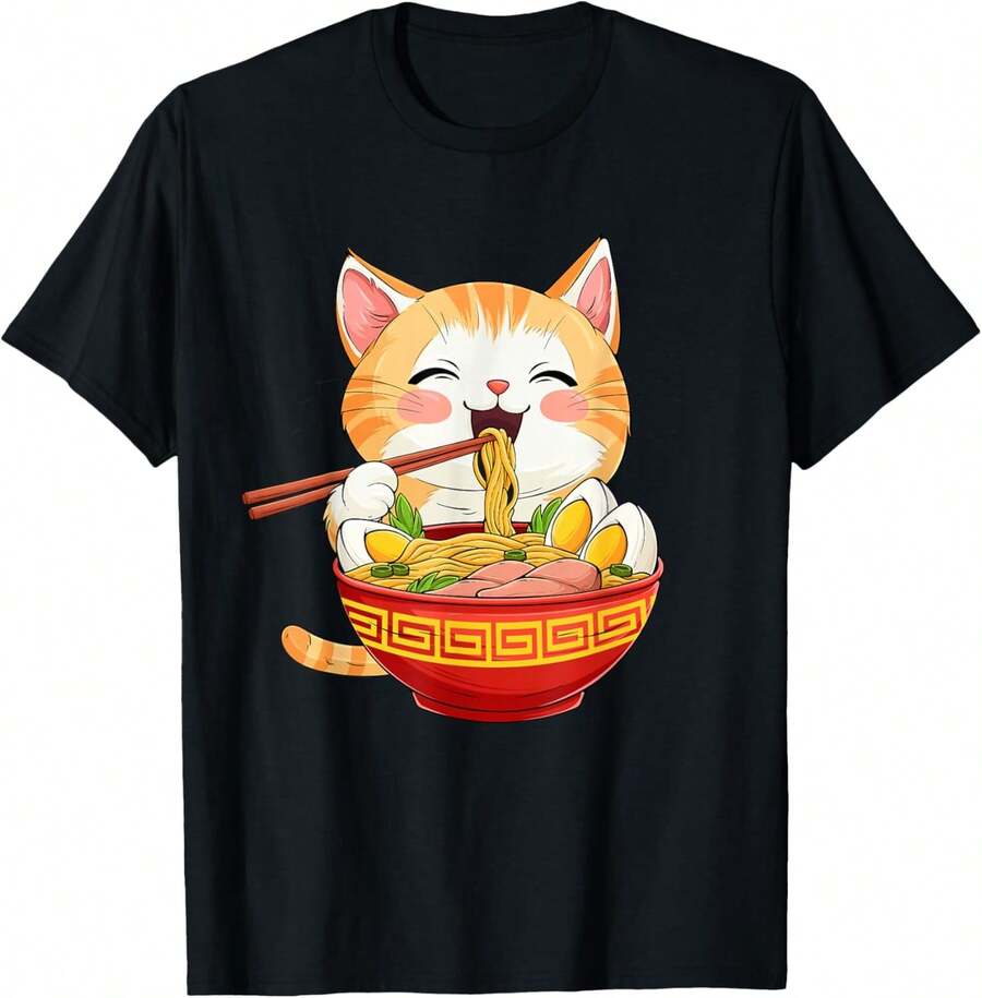 T-Shirt With Japanese Cat Eating Ramen Design - Cute Anime Style - Black - View 1