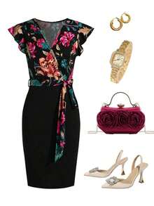 Vestido midi con estampado floral y cuello en V con mangas cortas, elegante para vacaciones - Multicolor - Ver 8