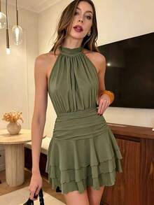 PariChic Vestido elegante y romántico de mujer con cuello halter, cintura ajustada, volantes plisados en albaricoque y blanco, vestido corto, nuevo vestido de primavera/verano, vestido para cita de San Valentín, vestido casual de vacaciones, vestido romántico de gasa transparente, vestido corto con volantes multicapa sin mangas de primavera/verano - Verde militar - Ver 7