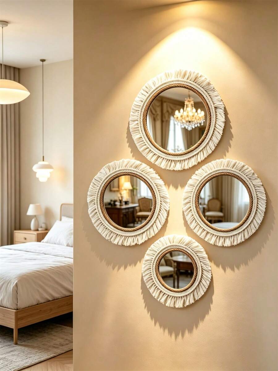 OBOVAY 1Pc/2pcs/3pcs Handmade Boho Woven Wall Decor Mirror Set,Boho Style Living Room Home Wall Decor,Exquisite Fantasy Craftsmanship Wedding Wall Decor,Easy Install, All Season Use,For Christmas & Halloween Gifts,Home Decor-For Living Room,Bedroom,Garden - Beige - View 1