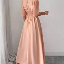 guangzhougaolangshangmao  Nuevo vestido casual, elegante y de vacaciones para mujer con diseño de cuello, cintura plisada, parche de gasa y mangas con volantes - Celeste - Ver 3
