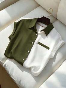 Blusa de manga corta elegante con bloques de color para mujer, de verano - Verde militar - Ver 6