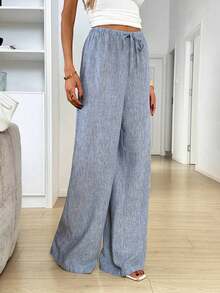 Pantalones anchos de pierna ancha de satén negro de larga duración con ajuste cómodo para mujeres, pantalones de satén negro, pantalones de seda para mujeres, pantalones de satén negro, pantalones de seda negra, pantalones casuales para mujeres - Azul - Ver 8