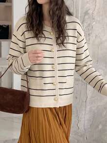 JIANHU Áo khoác cardigan kẻ sọc tối giản, đa năng, phong cách thường ngày, màu trắng Thu/Đông. - trắng - Xem 9