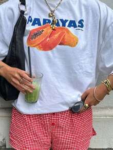 Camiseta de verano para mujer con estampado gráfico de papaya, estilo holgado, 2026, nueva, casual, de manga corta, cuello redondo, corte holgado, estilo minimalista Y2K, cómoda y transpirable, perfecta para vacaciones, ropa urbana, regreso a clases, días festivos, salidas de fin de semana, viajes a la playa, uso diario casual y atuendo para amantes de la fruta. - Blanco - Ver 7