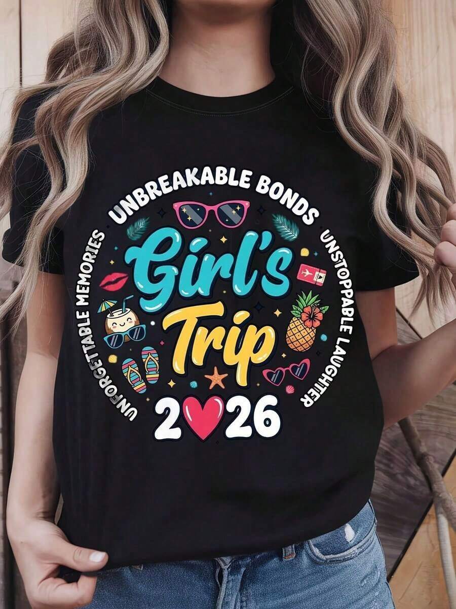 1 pieza Camiseta de Mujer con Diseño "Girls Trip 2026" con la Frase "Unbreakable Bonds And Unforgettable Memories", Cuello Redondo, Manga Corta, Estilo Casual para Vacaciones de Verano y Fiestas de Solteras, Regalo Perfecto para Mejores Amigas y Grupos de Hermanas, Ropa de Celebración, Atuendo Festivo, Tela de Elasticidad Media, 180g Algodón 100%. - Negro - Ver 1
