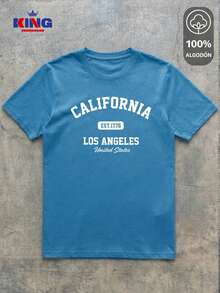 King T-shirt Playera 100% algodón de excelente calidad, esta playera garantiza una suavidad excepcional al tacto, cuello redondo con estampado "California Los Angeles Varsity" y manga corta - Neblina azul - Ver 2