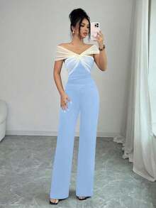 Conjunto de 2 piezas con top de hombros descubiertos con parches de malla y pantalones rectos para mujer - Celeste - Ver 5