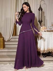 Women's Solid Deep Purple Small Stand Collar Asymmetrical Rhinestone Embellished Cuff Rhinestone Embellished Pleated Hem Oversized Birthday Wedding - Dark Purple - View 5