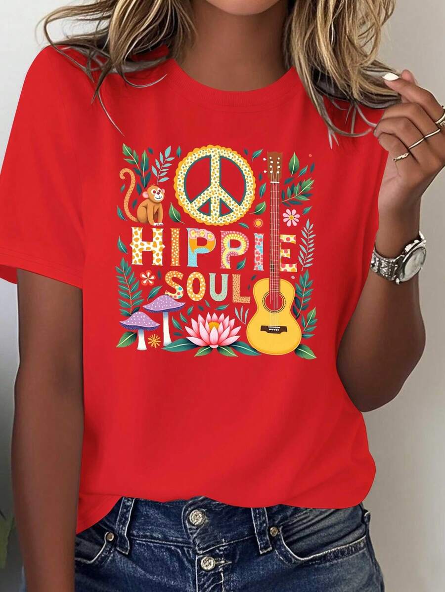 Camiseta bohemia vintage de los años 60/70 para mujer - 100% suave, de cuello redondo, manga corta, con símbolos de la paz, estampados florales y hippies, con impresiones psicodélicas coloridas, adecuada para festivales de música, uso casual y atuendos diarios - Patrón geométrico, lavable a máquina, corte holgado, adecuada para todas las estaciones, estilo bohemio que combina símbolos de paz, elementos florales y encanto hippie. - Rojo - Ver 1
