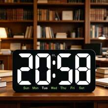 Large LED Digital Display Electronic Alarm Clock, Displays Day Of Week, Suitable For Student, Elderly, Bedroom, Living Room - Black Case With White Numbers - View 3