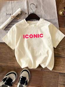 Women's Letter Print Round Neck Short Sleeve Casual T-Shirt, Spring/Summer - Apricot - View 6