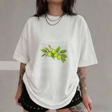 1 pieza - Camiseta de algodón blanca con estampado de limones, cuello redondo, manga corta, ropa casual de verano, 180g, 100% algodón. - Blanco - Ver 12