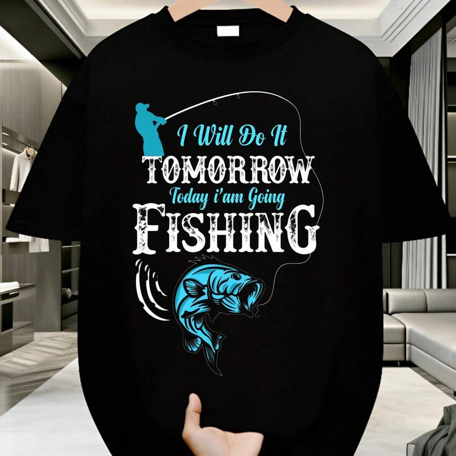 [Print Design] Fishing T-Shirt With Fisherman And Bass Design Casual Outdoor Style For Fishing Enthusiasts Perfect For Fishing Trips And Weekend Adventures Great Gift For Anglers Suitable For Spring And Summer Seasons[Suitable For Leisure And Sports Activities] - Multicolor - View 1