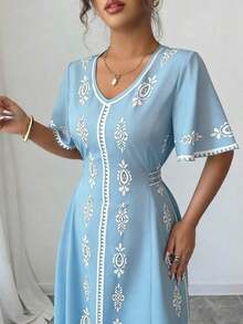 Nuevo vestido de mujer elegante con cuello en V y estampado de moda - Celeste - Ver 3