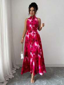 Vestido informal de verano para mujer con botones delanteros, estampado floral y sin mangas - Rosa Fucsia - Ver 3