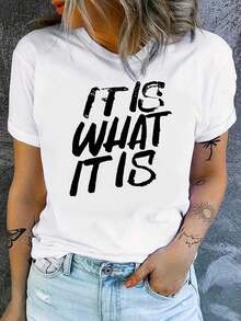 NEWWHAT IT IS Letter Print T-Shirt, Short Sleeve, Round Neck, Casual Style For Summer And Spring, Women's Clothing - Urban Vintage Style, Unisex, Loose Cotton T-Shirt With Short Sleeves And Round Neck - 白色 - 查看 1