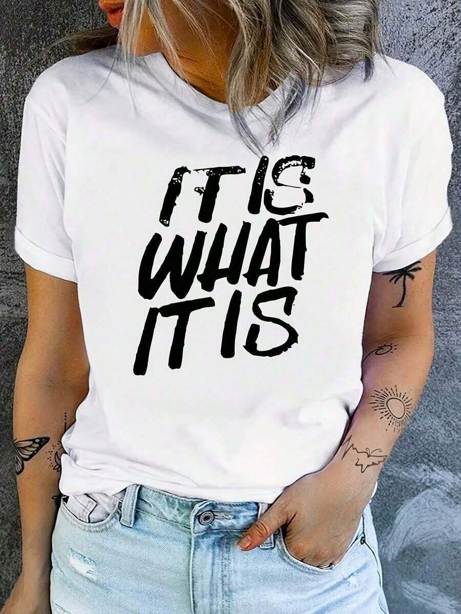 NEWWHAT IT IS Letter Print T-Shirt, Short Sleeve, Round Neck, Casual Style For Summer And Spring, Women's Clothing - Urban Vintage Style, Unisex, Loose Cotton T-Shirt With Short Sleeves And Round Neck - 白色 - 查看 1