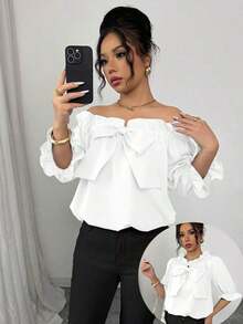 Camisa de mujer con volantes y lazo, nuevo diseño 2025 - Blanco - Ver 1