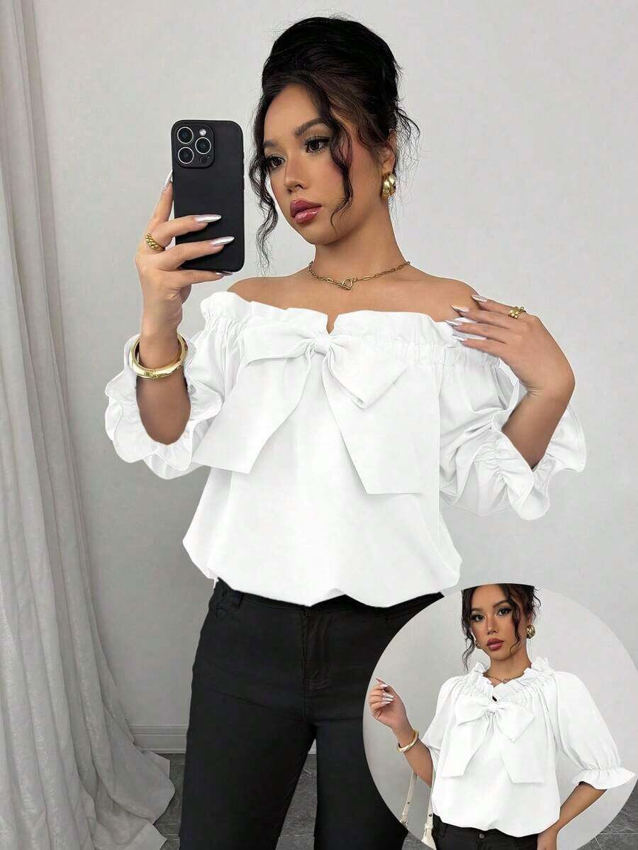 Camisa de mujer con volantes y lazo, nuevo diseño 2025 - Blanco - Ver 1