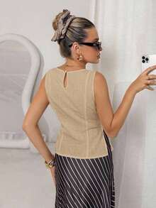 Camisa de mujer de cuello redondo sin mangas a rayas en blanco y negro con botones laterales y abertura, elegante para ir al trabajo, básica, para profesoras, negocios casuales, oficina, trabajo de mujeres, profesional, uso de oficina, casual de - Caqui - Ver 2