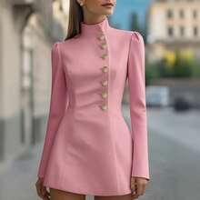 Vestido Mujer Cuello Alto Botones Simples Color Sólido Ajustado Elegante Nueva Temporada Otoño - Rosa - Ver 8