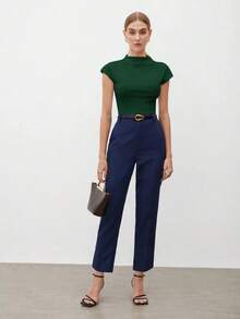 Camiseta de mujer de unicolor con cuello alto y mangas cortas tipo murciélago, casual de negocios para mujeres, uniforme de maestro, ropa de oficina, escuela, top básico, estilo vintage - Verde - Ver 4