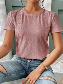 Frenchy Camiseta de cuello redondo con bordado de ojales sólidos - Rosa vieja - Ver 5