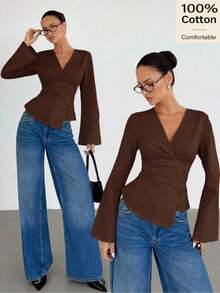 Camisa ajustada de mujer de manga larga con cuello en V a rayas - Café integral 2 - Ver 6
