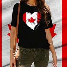Women's Casual Cotton T-Shirt With Canadian Flag And Heart Print, Short Sleeve, Round Neck, Drop Shoulder, Cute Summer Garment With Slightly Stretchy Fabric - 黑色 4 - 查看 2