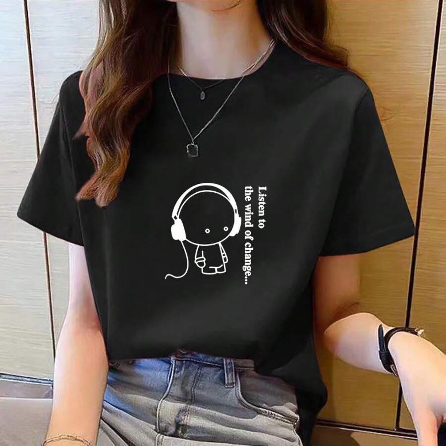 Camiseta de mujer de algodón cuello redondo manga corta casual verano frase motivadora viral en México - Negro - Ver 1