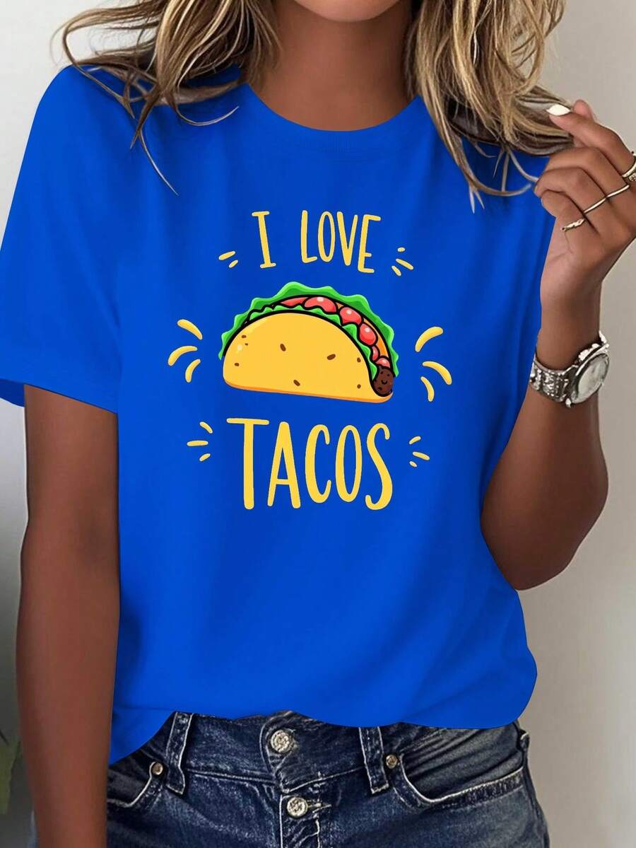 Women's "I Love Tacos" T-Shirt - Mexican Design, Taco And Straw Hat Print, Soft Pure Cotton, Short Sleeve, Casual Style, Blue And Yellow Lettering Design, Ideal For Taco Tuesday Parties, Casual Wear (Machine Washable) - Fun Gift For Taco Lovers, Casual Blouse For Women. - 藍色 - 查看 1