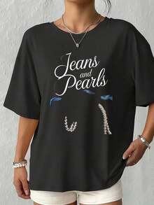 1 pieza de camiseta oversize para mujer, JEANS Y PERLAS con -0180g Algodón 100% - Negro 5 - Ver 2
