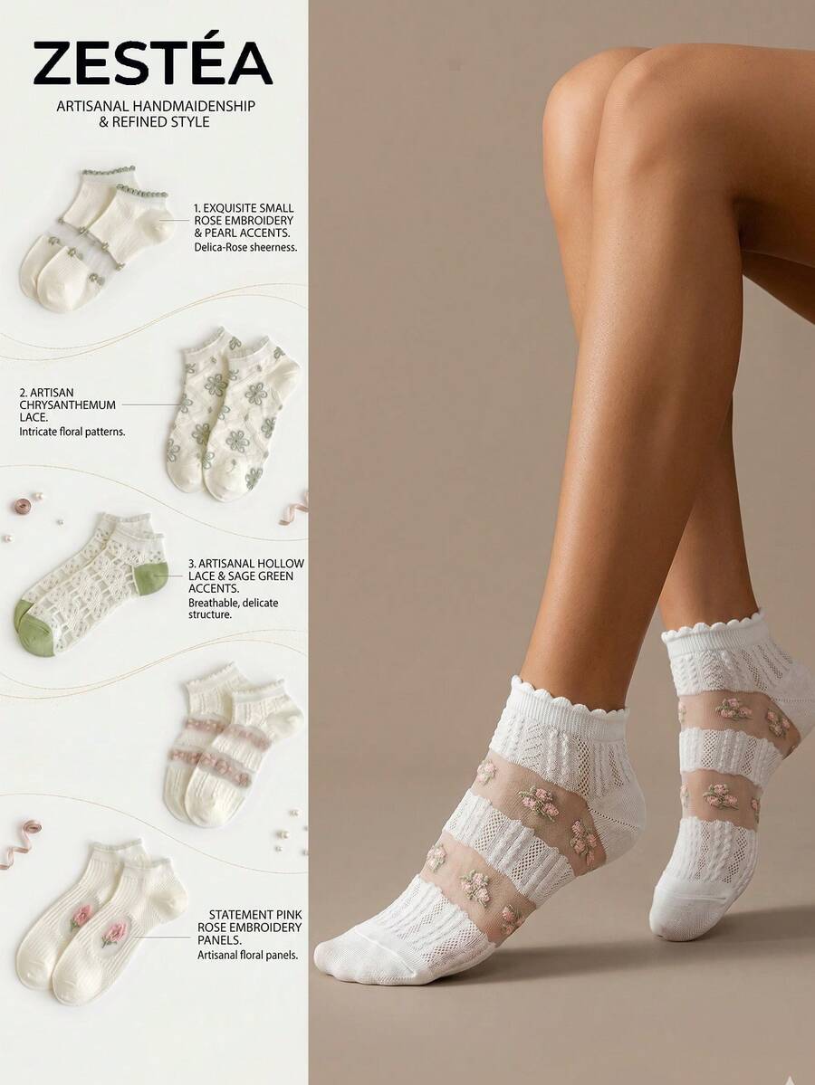 5 Pairs Women's White Floral Pattern Transparent Lace Polyester Breathable Comfortable Summer Daily Wear Ankle Socks - Multicolor - View 1