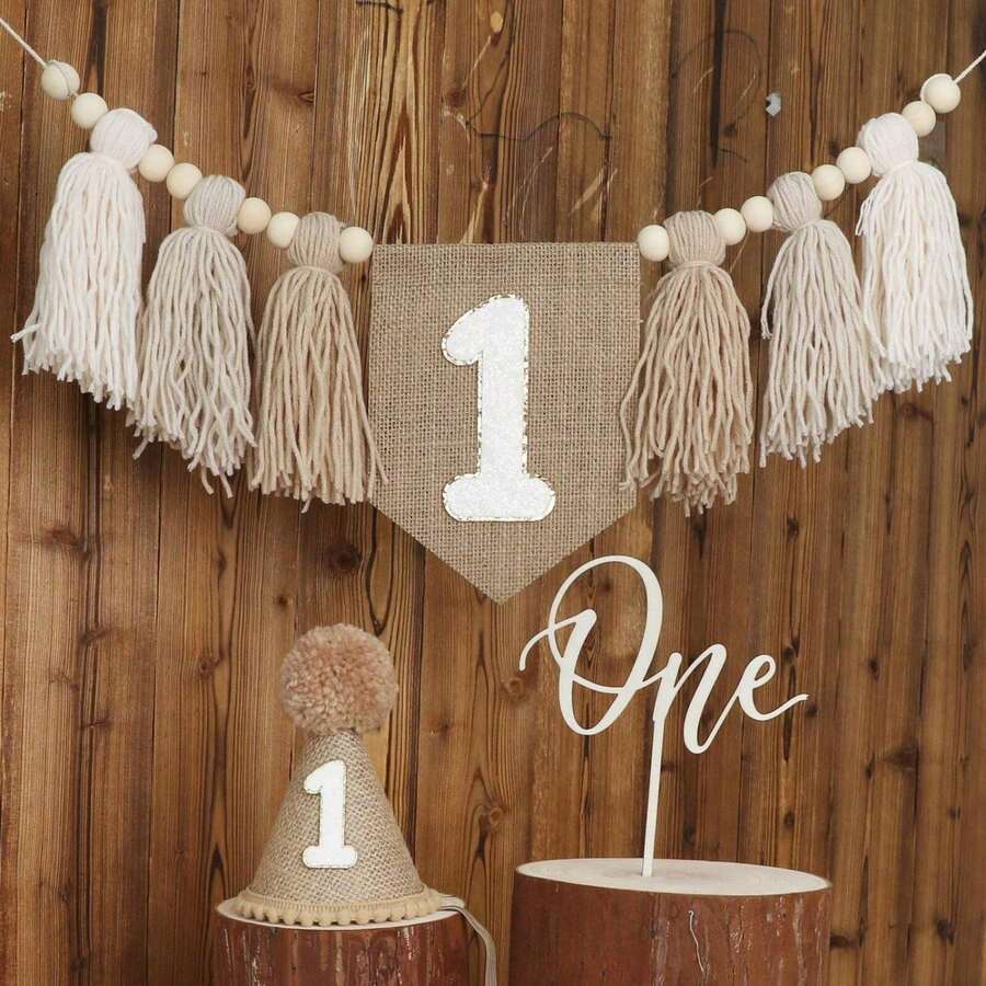 1pc/3pcs 1st Birthday Party Decorations - High Chair Banner, Birthday Hat, Party Decor - Brown - View 1