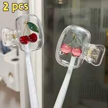 2pcs Cherry Pattern Toothbrush Holders - Cute Design, Suitable For Travel And Home Use, Transparent Cover, Compact And Portable, Protects Toothbrush Head, Double Drainage Ventilation, Suitable For Home, Dorm And Travel | Cute Toothbrush Head Storage Box, Suitable For Bathroom Storage, Home And Dorm Use - Multicolor - View 2