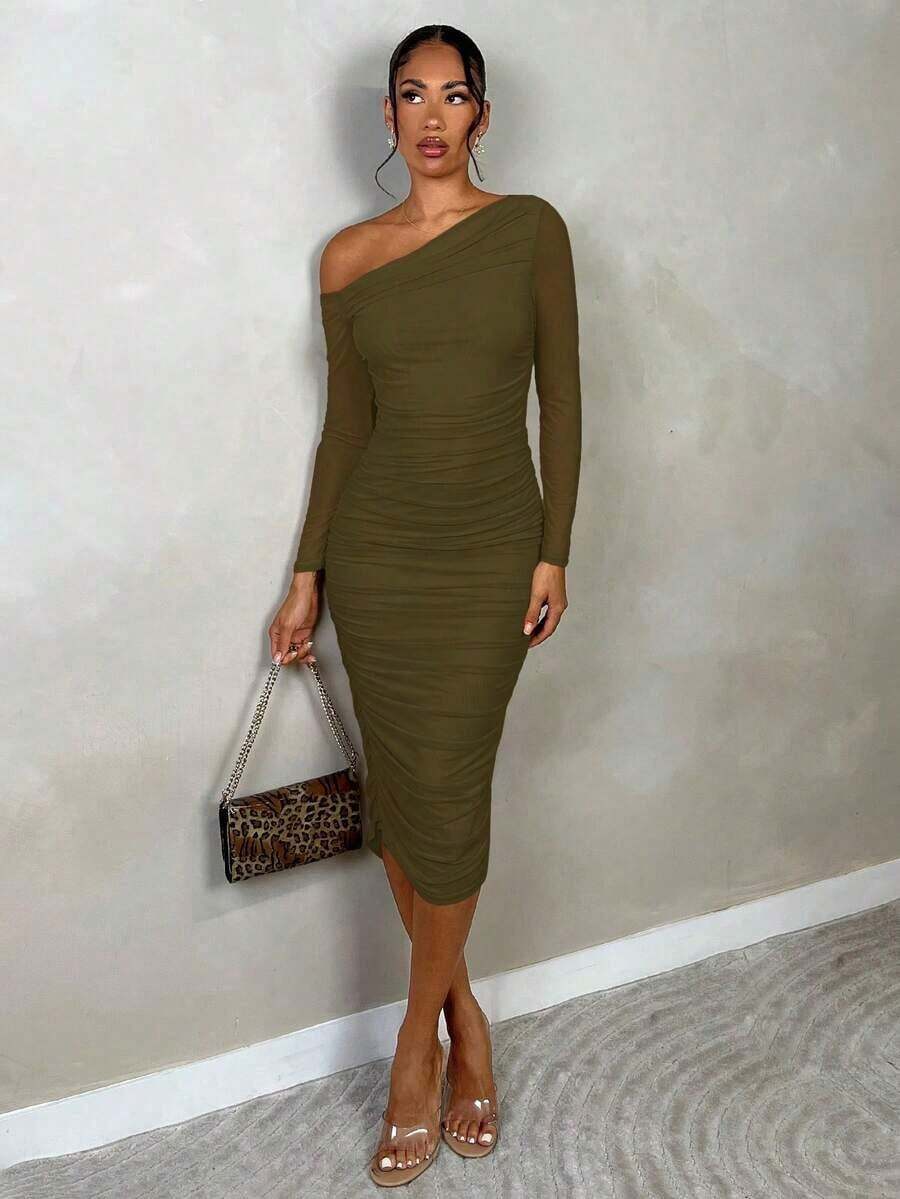xheSHEIN Vestido elegante y ceñido de manga larga y longitud media, con diseño de pliegues en malla, para usar en citas o fiestas, para mujer, otoñalxhe - Verde militar - Ver 1