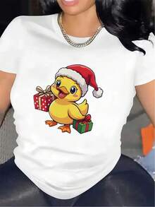 Camiseta de Manga Corta con Estampado de Pato Navideño para Mujer, Tejido de Poliéster, Ideal para Uso en Casa o Fiestas, Diseño Cómodo y Duradero, Idea de Regalo Festivo, Top Estiloso y Ligero[COD] - Blanco - Ver 1