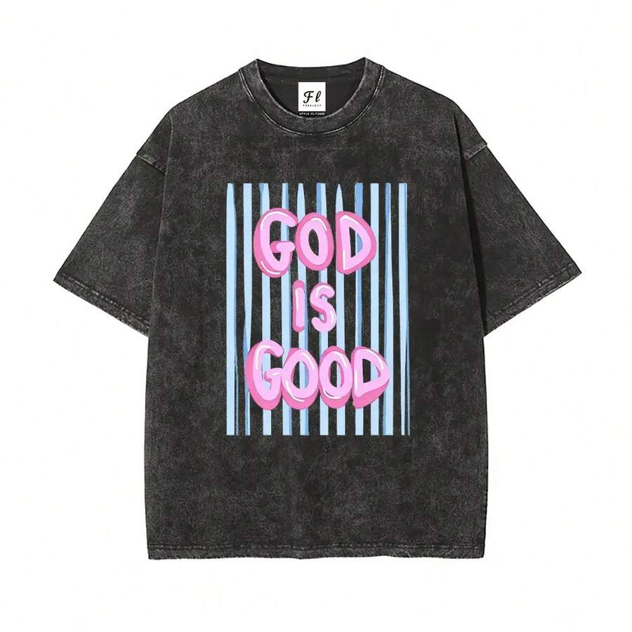 Unisex T-Shirt With "God Is Good" Print, Washed, Large Size, Cotton - Black - View 1