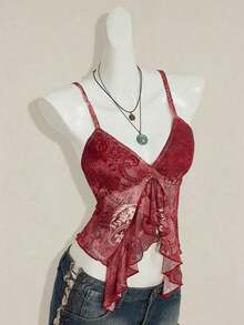 Top informal de tirantes con escote en V, dobladillo con volantes y estampado floral rosa para vacaciones' - Burdeos - Ver 7