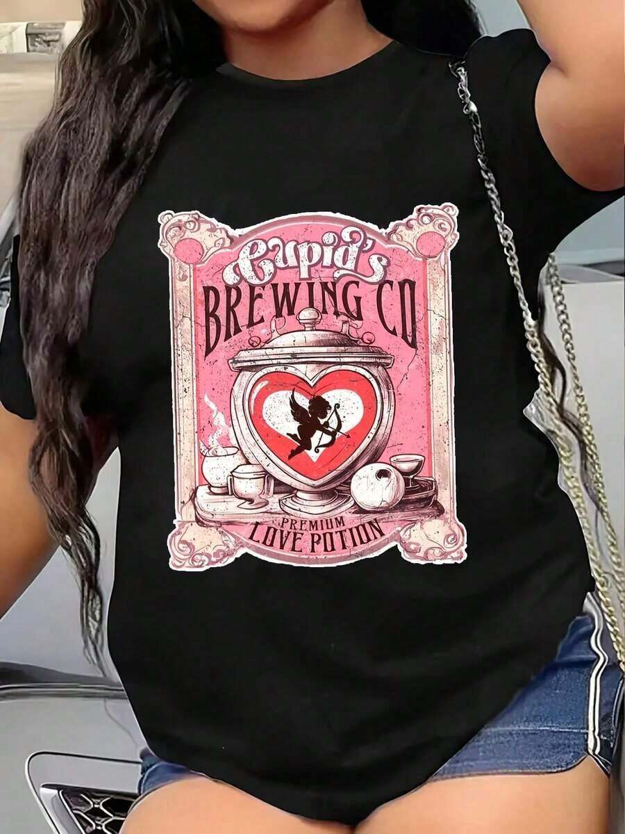 1 Piece Of Women's Fashion Printed T-Shirt For Valentine's Day, Casual Round Neck Top With Alphabet Pattern, Cotton - For All Seasons. - 黑色 - 查看 1