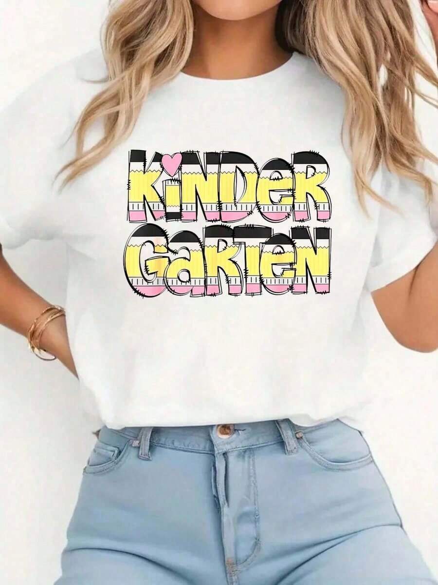 Camiseta Blanca, Camiseta de Maestra de Jardín de Infancia para el Primer Día de Clases, Camiseta Casual de Manga Corta con Cuello Redondo para Mujer - Perfecta para la Temporada Festiva y Actividades al Aire Libre, Transpirable y Cómoda - Blanco - Ver 1