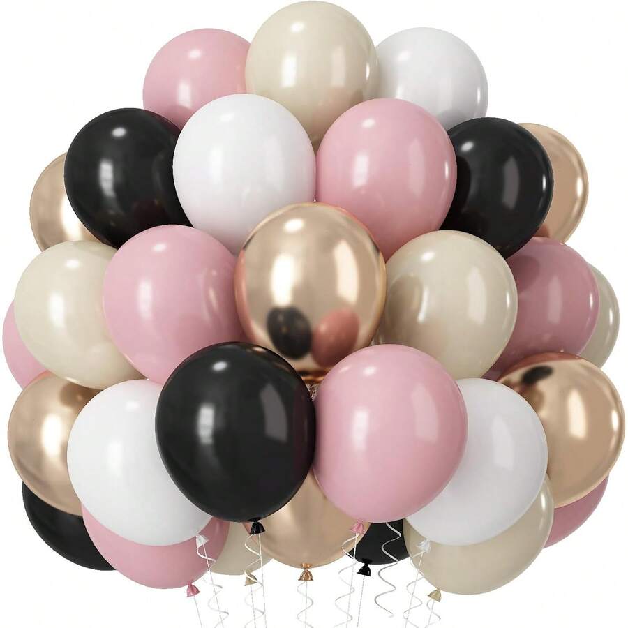 51pcs Black & Pink Balloons, Retro Gray, Pink, Ivory, Black Latex Balloons With Metallic Gold Champagne Boho Party Balloons, Suitable For Birthday, Baby Shower, Wedding Party Decor - Set - View 1