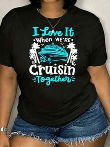 Camiseta Casual de Cuello Redondo con Estampado de Barco de Crucero para Mujer - Manga Corta, Perfecta para Primavera y Verano, Ropa Casual Elegante, Textura Suave, Camisetas para Damas, Camiseta Lavable a Máquina, Ajuste Cómodo, Camiseta de Algodón - Negro - Ver 7