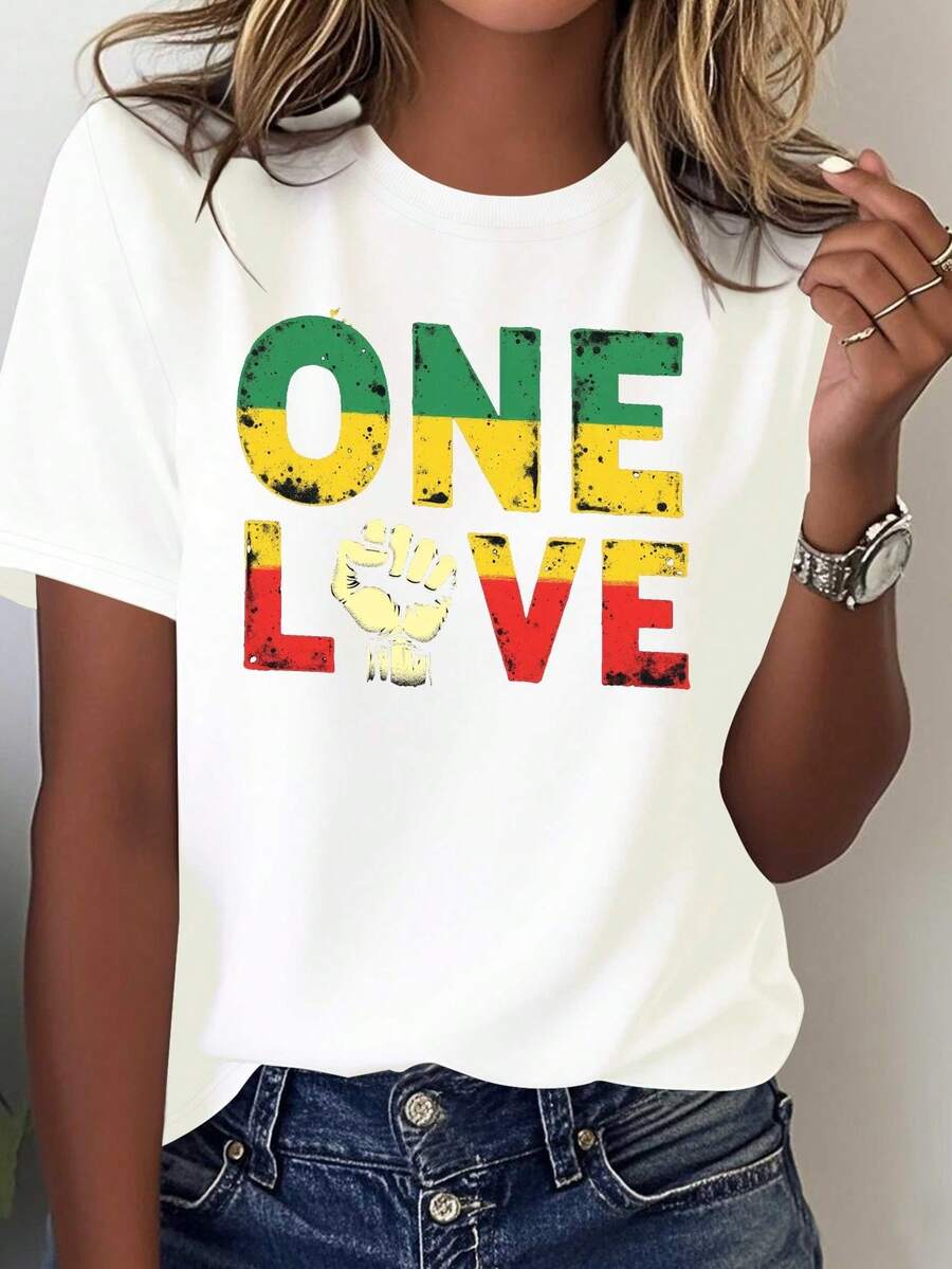 Women's T-Shirt With One Love Style Cuff Design In Three Tones - 100% Comfortable Casual T-Shirt With Round Neck, Reggae Music Design And One Love Logo, Available In Red/Yellow/Green/Black/White Colors, Machine Washable, A Fashionable Garment Suitable For Daily Wear And Music Festivals. - 白色 - 查看 1