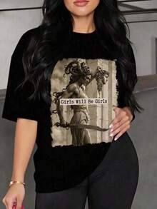 Camiseta de manga corta para mujer con estampado de Medusa y texto "Girls Will Be Girls", cuello redondo, tejido de poliéster, ideal para uso diario, salidas casuales y reuniones con amigos, estilo streetwear, temporada primavera-verano, Envío nacional a México. - Negro - Ver 6
