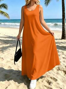 Plus Size Women's Casual Elegant Sleeveless Dress With Pockets, Loose Fit Slimming, Suitable For Daily Commute And Summer Vacation - Orange - View 2
