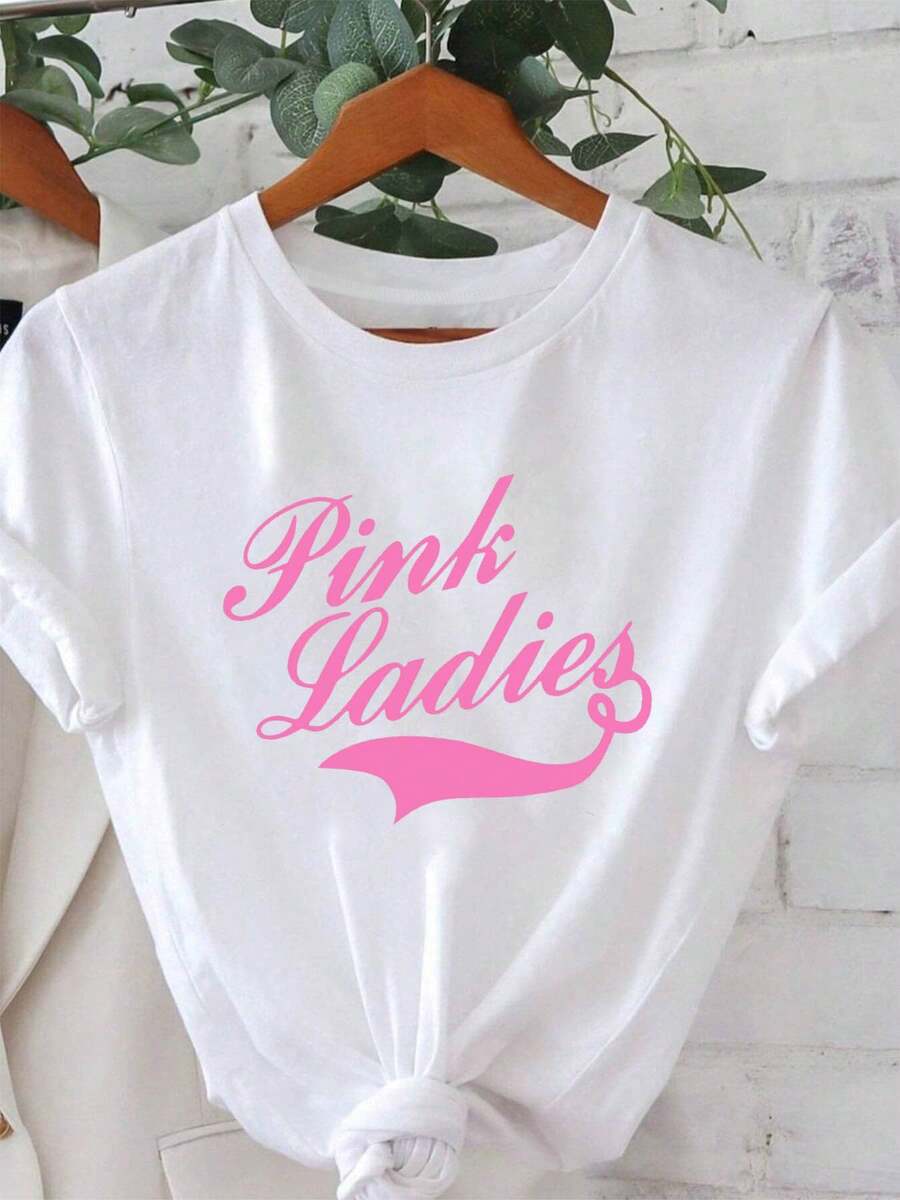 Camiseta estampada rosa para mujer - Base blanca con letras rosas llamativas, cuello redondo, top casual para el día a día, estilo vintage de los años 50, regalo para fiesta de cumpleaños, lavable a máquina, ropa de moda de verano, tela de elasticidad media, ropa de primavera, camiseta de manga corta cómoda y ajustada. - Blanco - Ver 1