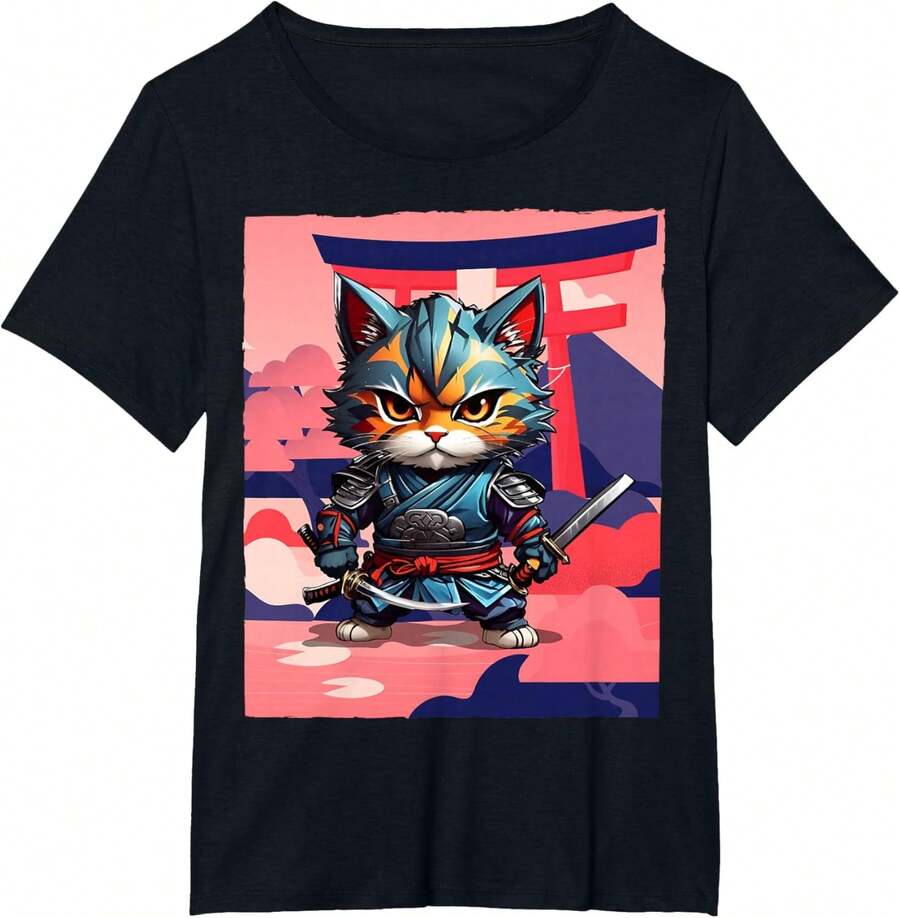 Japanese Art T-Shirt And Samurai Cat From Japan - 黑色 - 查看 1